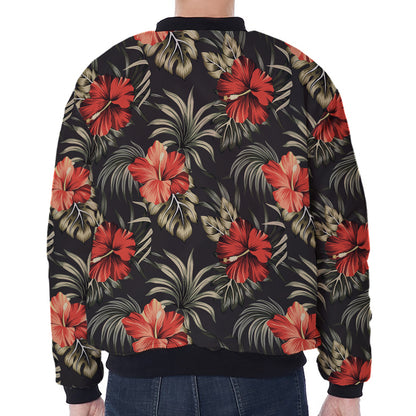 Vintage Tropical Hibiscus Floral Print Zip Sleeve Bomber Jacket