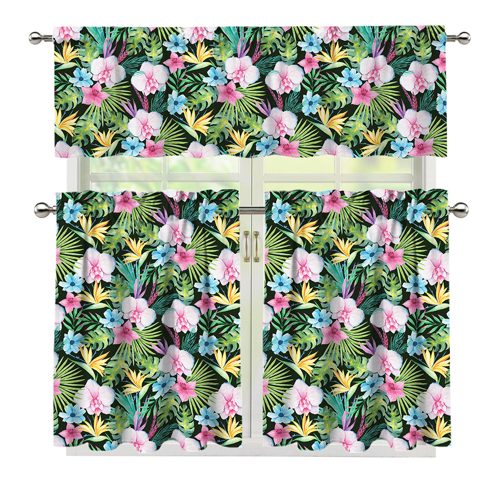 Vintage Tropical Jungle Hawaiian Print 3 Piece Kitchen Curtains