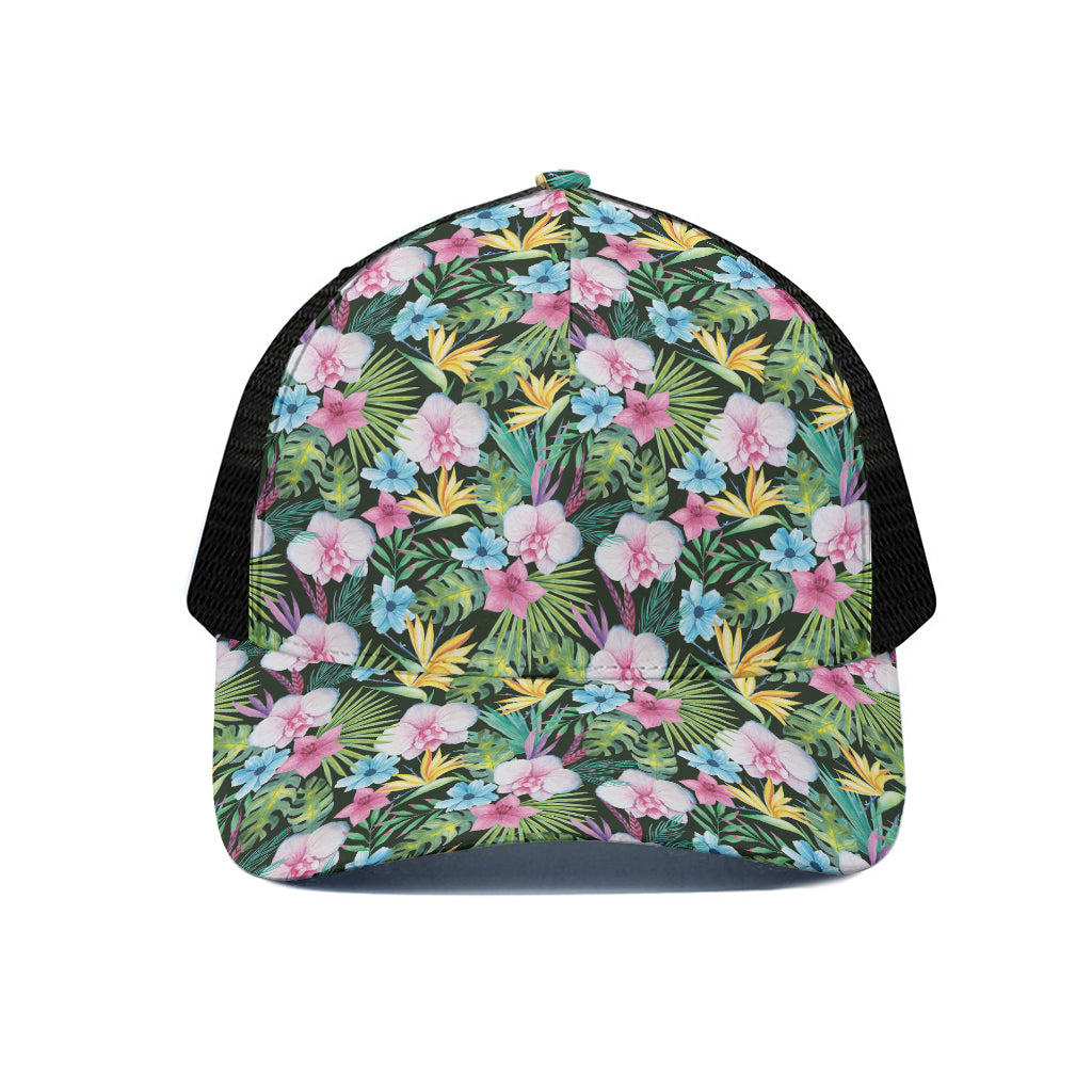 Vintage Tropical Jungle Hawaiian Print Black Mesh Trucker Cap