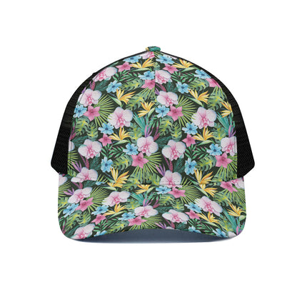Vintage Tropical Jungle Hawaiian Print Black Mesh Trucker Cap