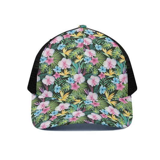 Vintage Tropical Jungle Hawaiian Print Black Mesh Trucker Cap