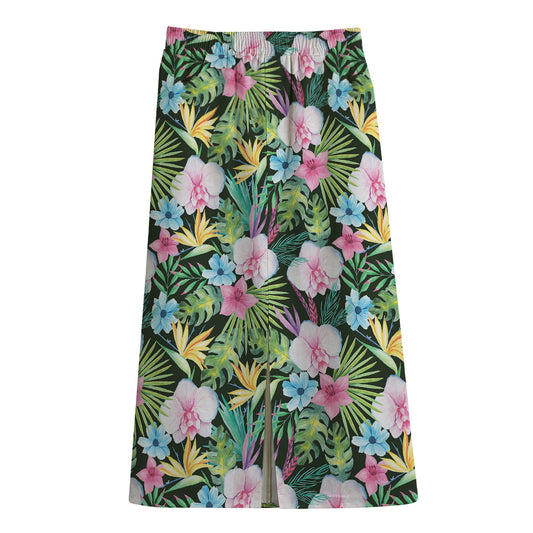 Vintage Tropical Jungle Hawaiian Print Cotton Front Slit Maxi Skirt