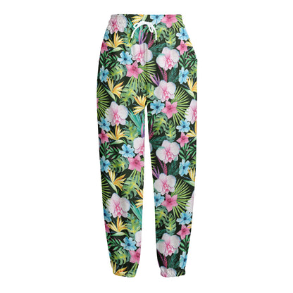 Vintage Tropical Jungle Hawaiian Print Fleece Lined Knit Pants