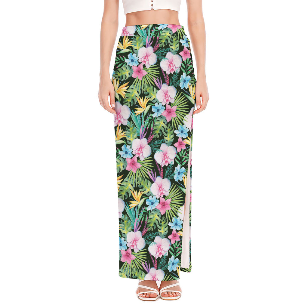 Vintage Tropical Jungle Hawaiian Print High Slit Maxi Skirt