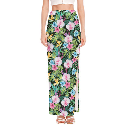 Vintage Tropical Jungle Hawaiian Print High Slit Maxi Skirt
