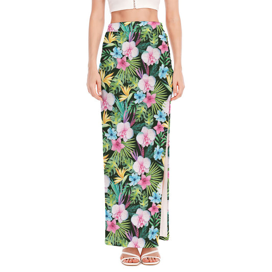 Vintage Tropical Jungle Hawaiian Print High Slit Maxi Skirt