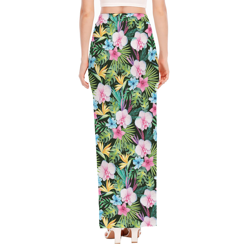 Vintage Tropical Jungle Hawaiian Print High Slit Maxi Skirt