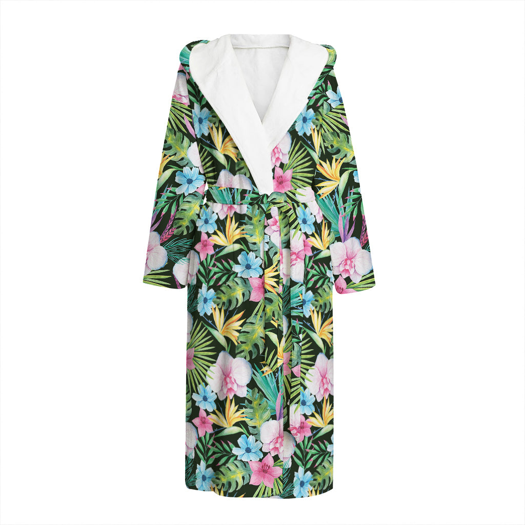 Vintage Tropical Jungle Hawaiian Print Hooded Bathrobe