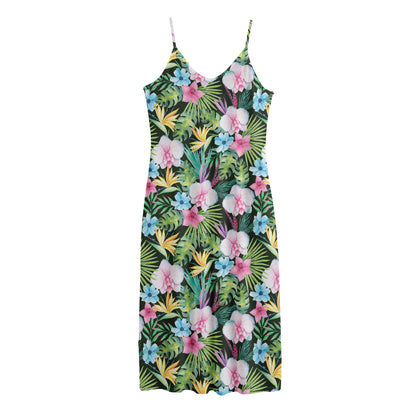 Vintage Tropical Jungle Hawaiian Print Jersey Midi Cami Dress