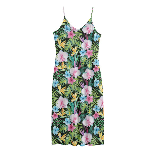 Vintage Tropical Jungle Hawaiian Print Jersey Midi Cami Dress