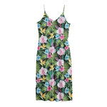 Vintage Tropical Jungle Hawaiian Print Jersey Midi Cami Dress