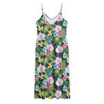 Vintage Tropical Jungle Hawaiian Print Jersey Midi Cami Dress