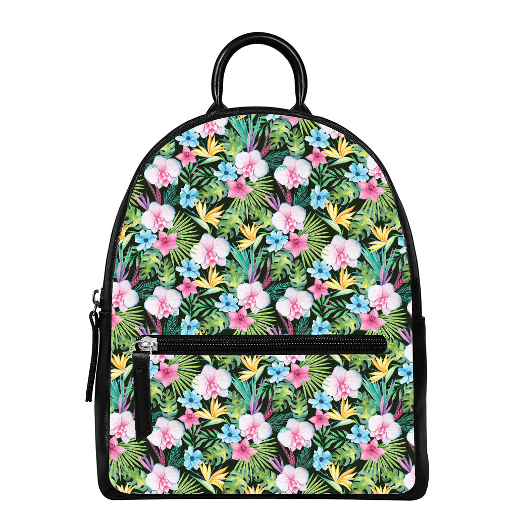 Vintage Tropical Jungle Hawaiian Print Leather Backpack