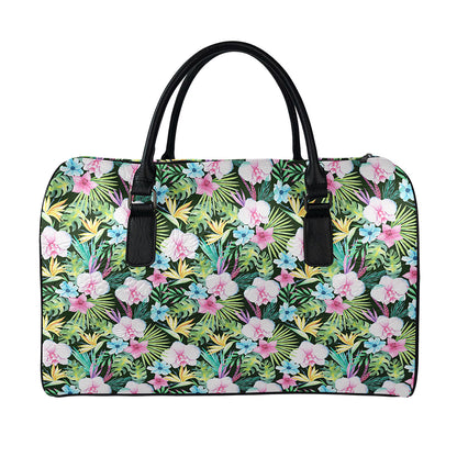 Vintage Tropical Jungle Hawaiian Print Leather Duffle Bag