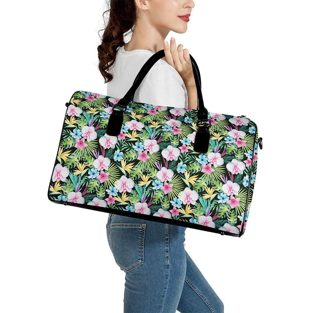 Vintage Tropical Jungle Hawaiian Print Leather Duffle Bag
