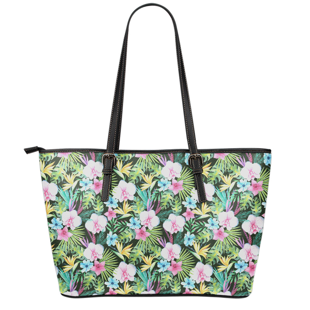 Vintage Tropical Jungle Hawaiian Print Leather Tote Bag