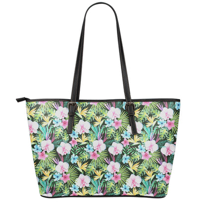 Vintage Tropical Jungle Hawaiian Print Leather Tote Bag