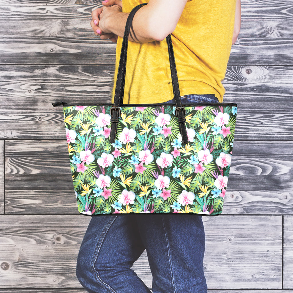 Vintage Tropical Jungle Hawaiian Print Leather Tote Bag