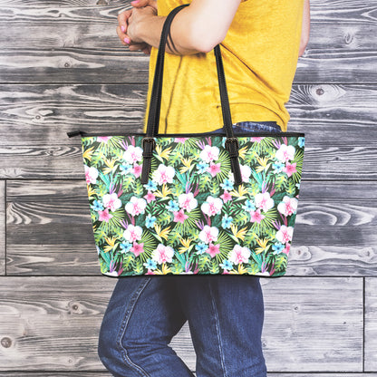 Vintage Tropical Jungle Hawaiian Print Leather Tote Bag