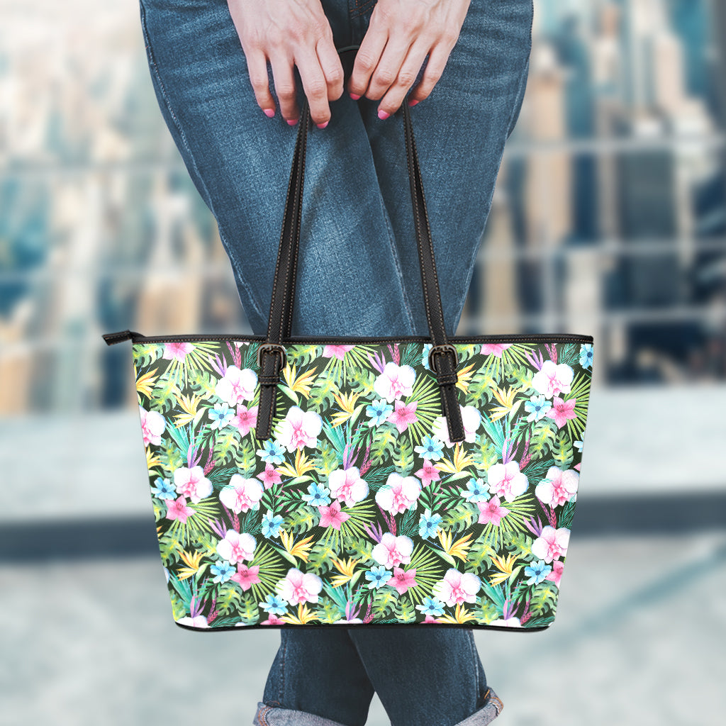 Vintage Tropical Jungle Hawaiian Print Leather Tote Bag