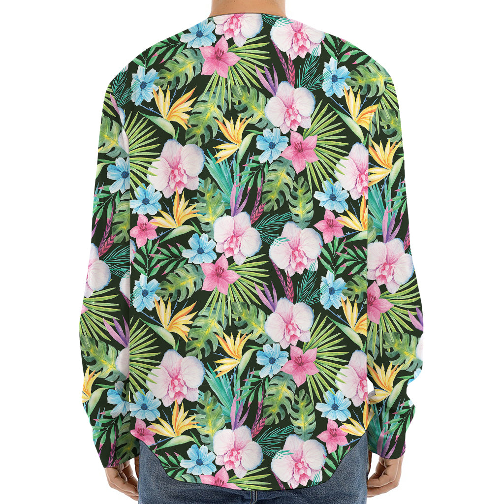 Vintage Tropical Jungle Hawaiian Print Long Sleeve Baseball Jersey