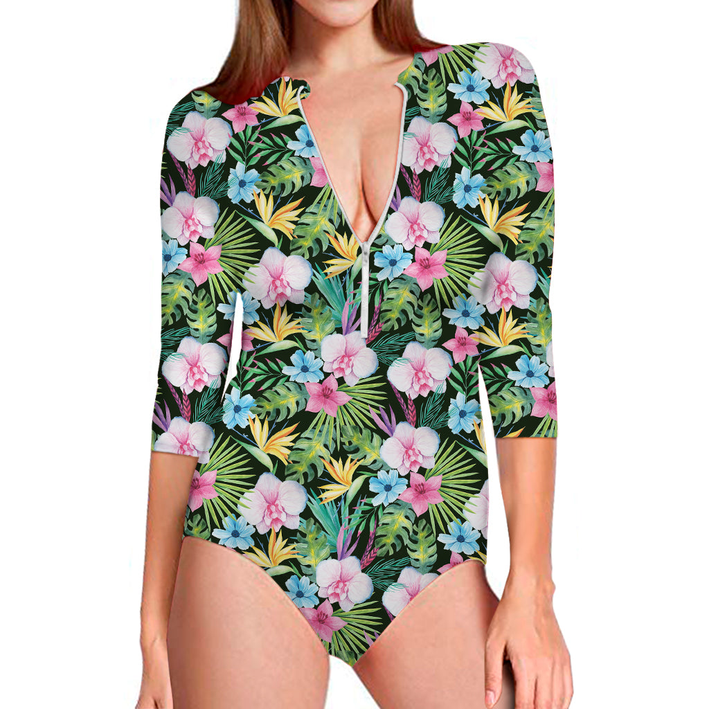 Vintage Tropical Jungle Hawaiian Print Long Sleeve Swimsuit