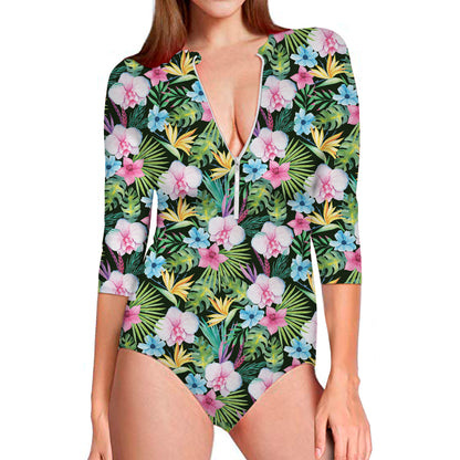 Vintage Tropical Jungle Hawaiian Print Long Sleeve Swimsuit