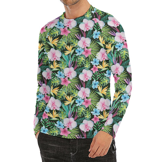 Vintage Tropical Jungle Hawaiian Print Men's Long Sleeve Rash Guard