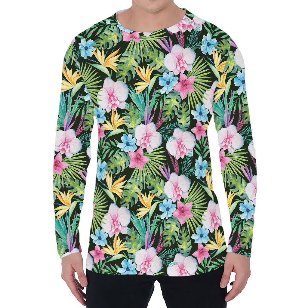Vintage Tropical Jungle Hawaiian Print Men's Long Sleeve T-Shirt