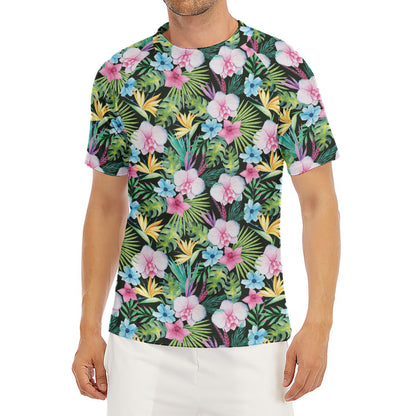 Vintage Tropical Jungle Hawaiian Print Men's Short Sleeve Rash Guard