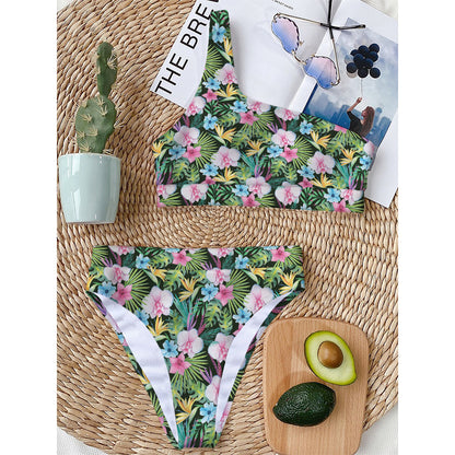 Vintage Tropical Jungle Hawaiian Print One Shoulder Bikini Top