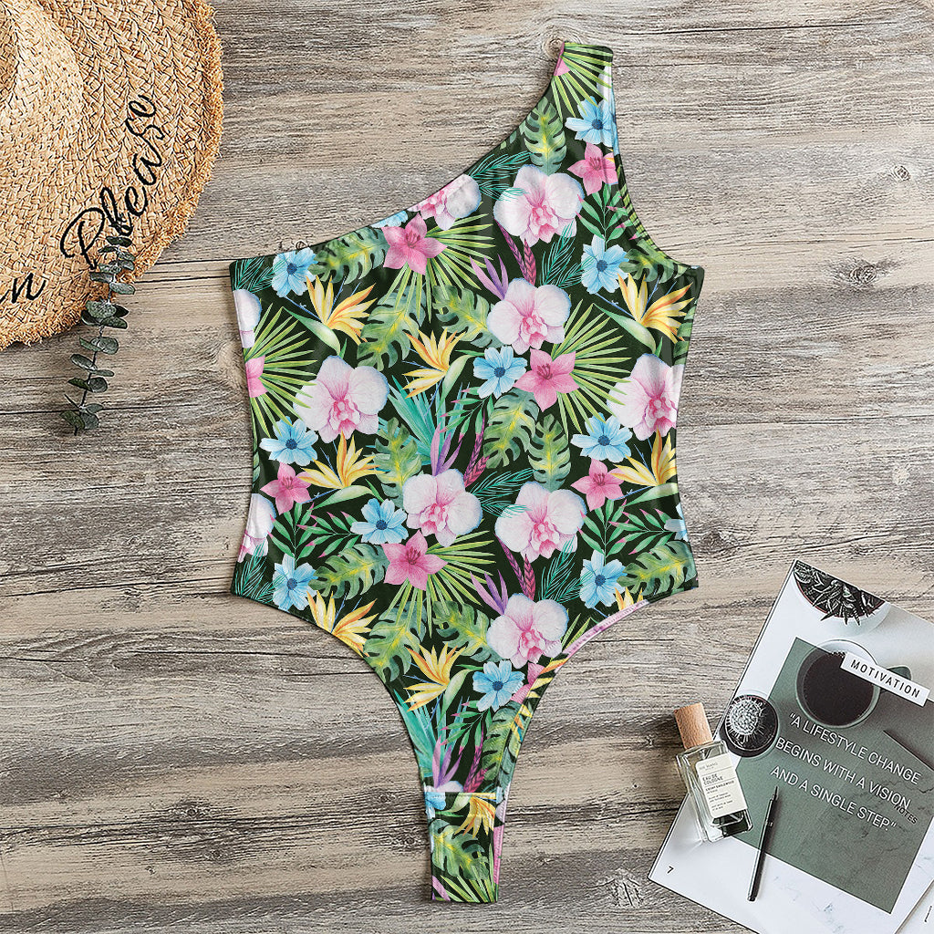 Vintage Tropical Jungle Hawaiian Print One Shoulder Bodysuit