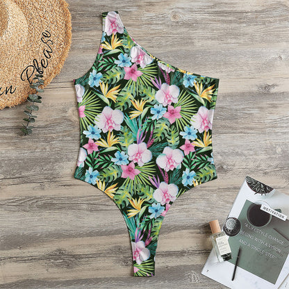 Vintage Tropical Jungle Hawaiian Print One Shoulder Bodysuit
