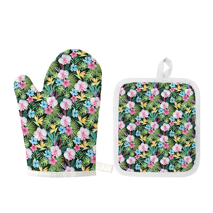 Vintage Tropical Jungle Hawaiian Print Oven Mitt And Pot Holder Set