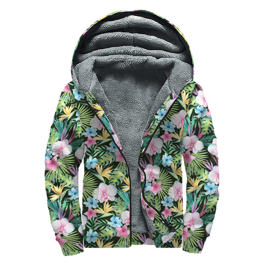 Vintage Tropical Jungle Hawaiian Print Sherpa Lined Zip Up Hoodie