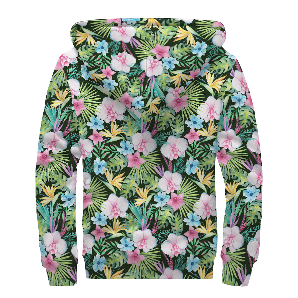 Vintage Tropical Jungle Hawaiian Print Sherpa Lined Zip Up Hoodie