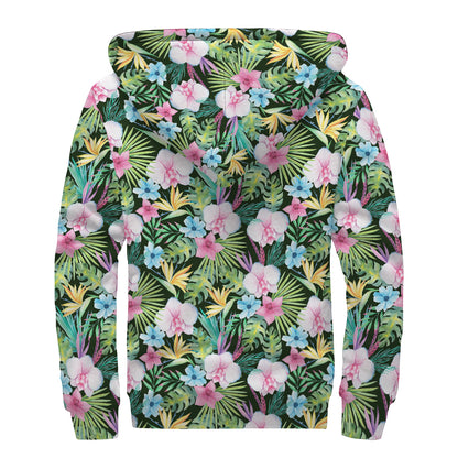 Vintage Tropical Jungle Hawaiian Print Sherpa Lined Zip Up Hoodie