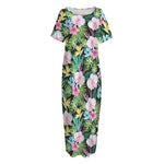 Vintage Tropical Jungle Hawaiian Print Short Sleeve Long Nightdress