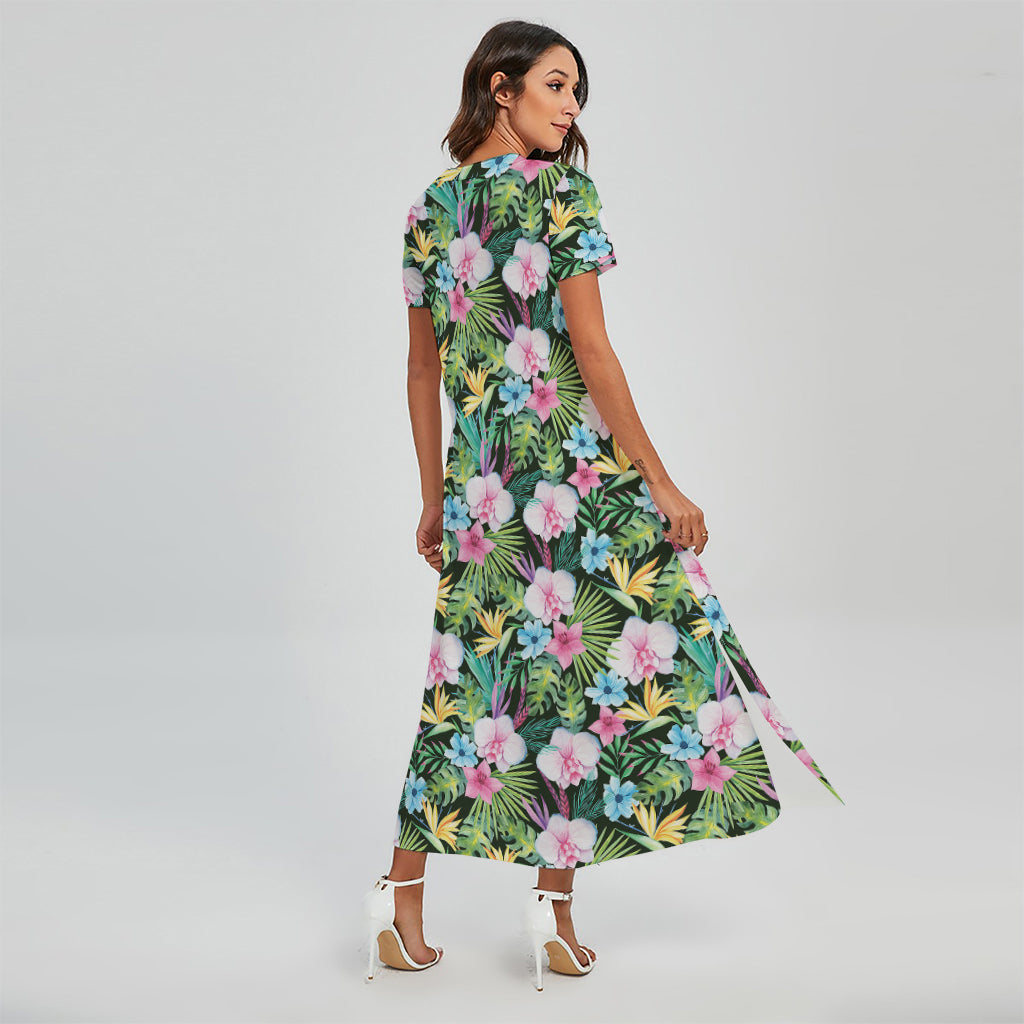 Vintage Tropical Jungle Hawaiian Print Short Sleeve Maxi Dress