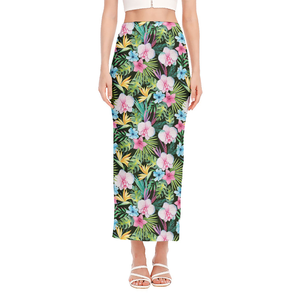 Vintage Tropical Jungle Hawaiian Print Side Slit Maxi Skirt