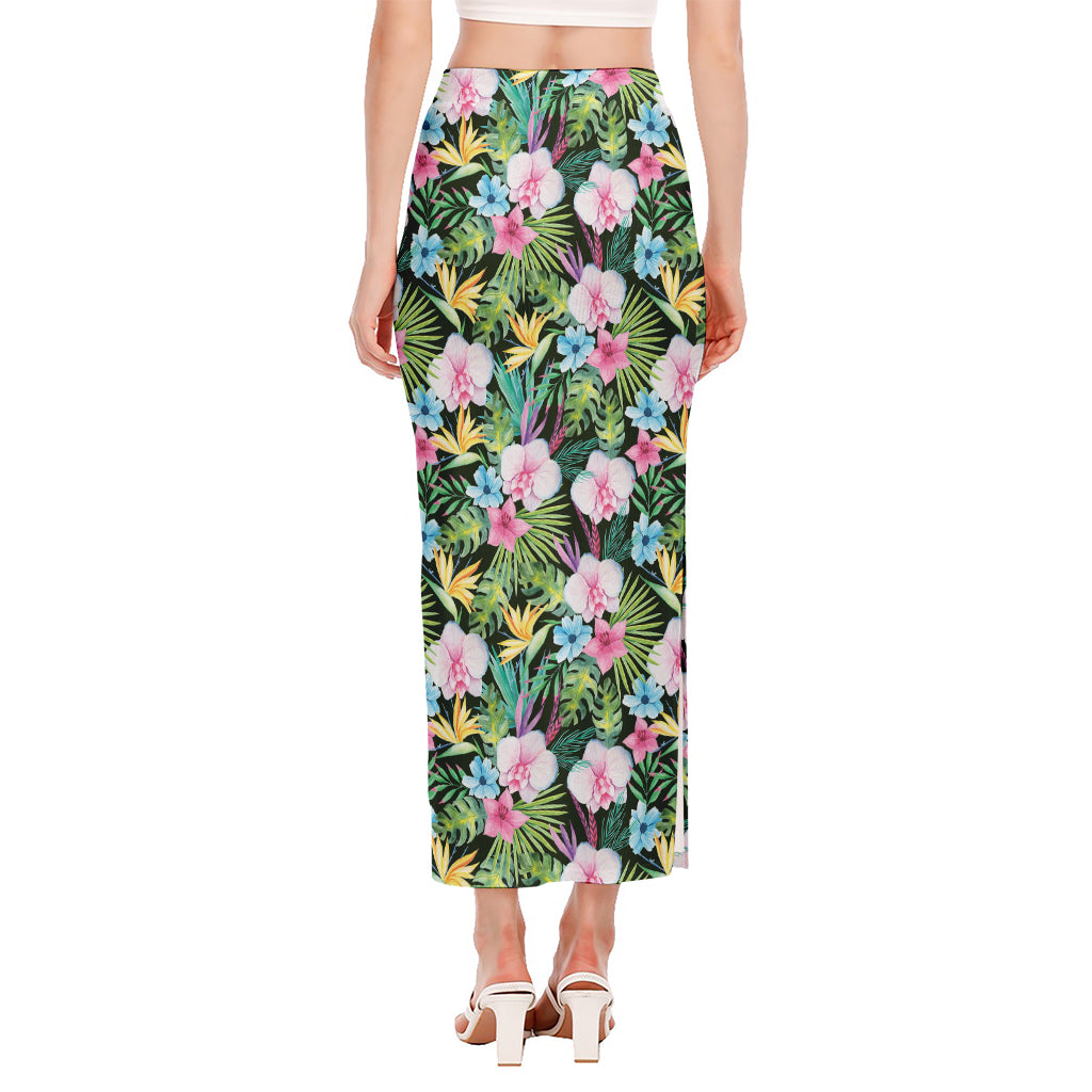 Vintage Tropical Jungle Hawaiian Print Side Slit Maxi Skirt