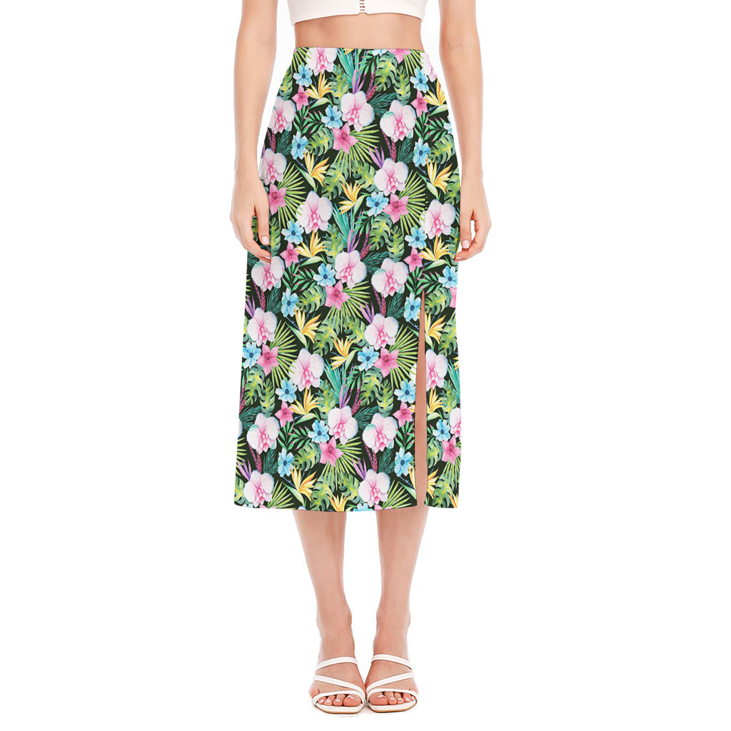 Vintage Tropical Jungle Hawaiian Print Side Slit Midi Skirt