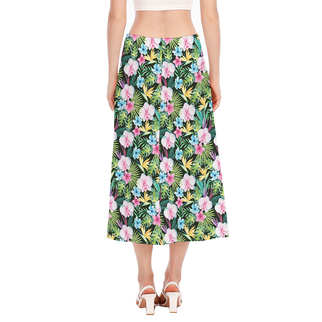 Vintage Tropical Jungle Hawaiian Print Side Slit Midi Skirt