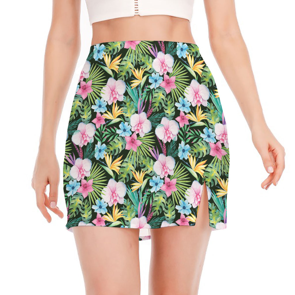 Vintage Tropical Jungle Hawaiian Print Side Slit Mini Skirt