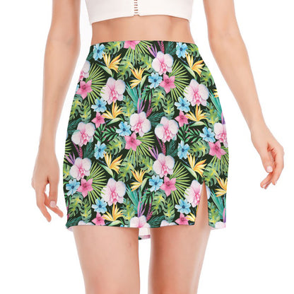Vintage Tropical Jungle Hawaiian Print Side Slit Mini Skirt