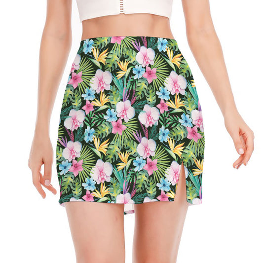 Vintage Tropical Jungle Hawaiian Print Side Slit Mini Skirt