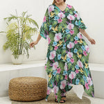 Vintage Tropical Jungle Hawaiian Print Silk V-Neck Kaftan Dress