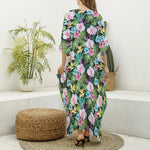 Vintage Tropical Jungle Hawaiian Print Silk V-Neck Kaftan Dress