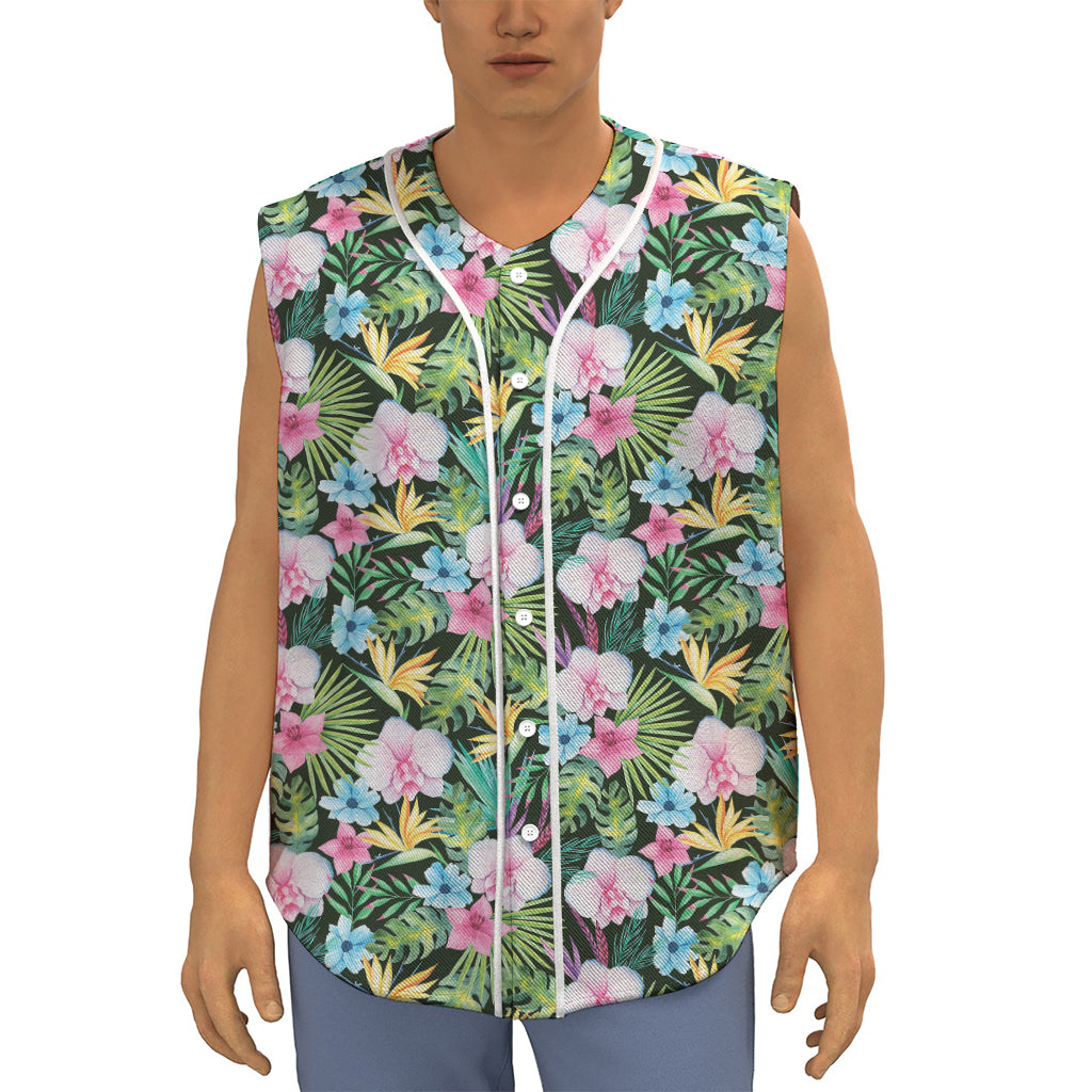 Vintage Tropical Jungle Hawaiian Print Sleeveless Baseball Jersey