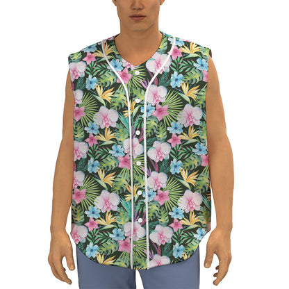 Vintage Tropical Jungle Hawaiian Print Sleeveless Baseball Jersey